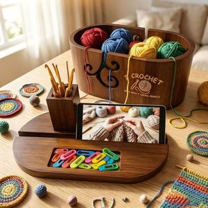 Wooden Yarn Bowl Oval Knitting Storage Box With Phone Stand For <b>Crochet</b> <b>Hook</b> And Yarn Ball Organization - Product Image 1
