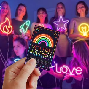 Neon Rainbow Invitation Cards Customized Party Invitations <b>Gloss</b> Laminated <b>Paper</b> Rectangle Modern Design Digital Printing - Product Image 3