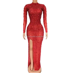 Novance 2022 New Arrivals Hot Selling Red Sexy High Slit Evening Dress Women Party Sparkly Diamond Rhinestone Vestidos De Baile