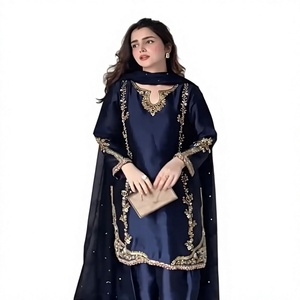 Women Navy Blue Silk Salwar Kameez With Gold Embroidery Ankle-Length Party Wear Elegant <b>Loose</b> Fit India Pakistan Ethnic Clothing - Product Image 1
