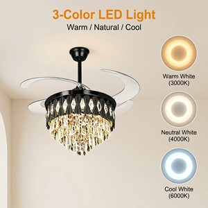 Ventilateur de plafond moderne en cristal avec lumière LED, moteur DC réversible, 4 pales, télécommande, montage encastré pour salon - Product Image 5