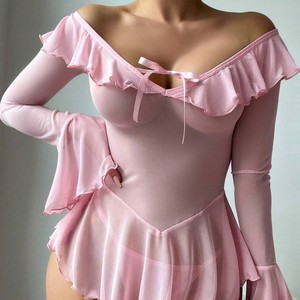 Sous-vêtements pour femmes à manches longues de couleur unie, lingerie sexy transparente à volants - Product Image 4