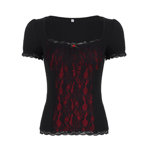 Haut pour femme en maille noire respirant, style gothique, avec bordure en dentelle contrastante, col carré, manches courtes bouffantes, longueur standard, idéal pour l'été - Product Image 6
