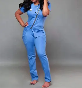 卸売ファッションナースユニフォームスクラブセットスパンデックス医療スクラブロゴ看護ユニフォームスクラブスーツ女性病院ユニフォーム