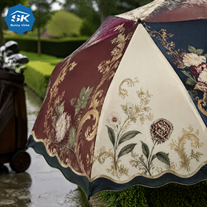 Parapluie de golf de grande taille, style vintage européen, motif petite marguerite, en pongée 260T, avec armature en fibre de verre, pour la protection solaire. - Product Image 1
