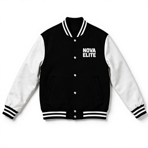 Blouson universitaire imperméable noir et blanc à blocs de couleur, brodé, style urbain, avec fermeture éclair frontale, logo et col montant, style baseball - Product Image 1