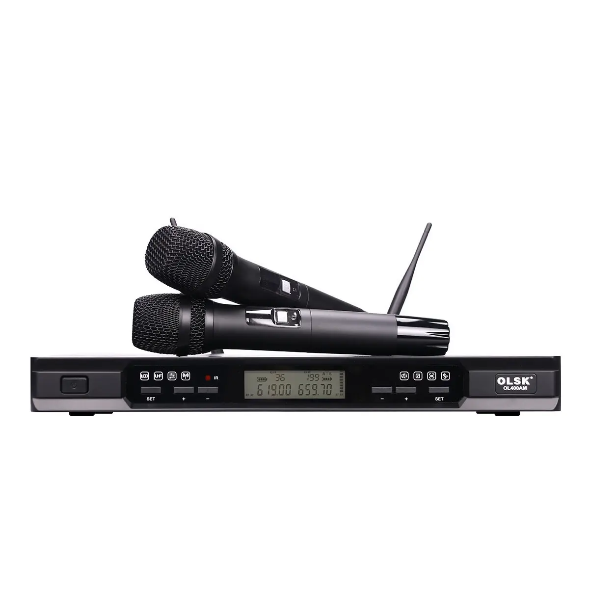 Ol400am microfone karaokê de canal duplo, alcance de 160 metros, dinâmico, uhf, sistema de microfone sem fio com microfone portátil, 6.3mm lxr jack