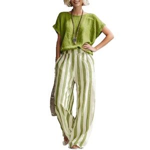 Ensemble décontracté pour femmes, pantalon et haut rayés bleus, coupe ample, style européen, pour un usage quotidien, tailles S M L XL 2XL 3XL - Product Image 5