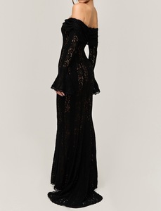 Vestido de Encaje con Hombros Descubiertos, <span class=keywords><strong>Manga</strong></span> <span class=keywords><strong>Larga</strong></span>, Corte Evase, Cintura Alta y Falda de Cola de Pez, Casual y Elegante para Mujer - Product Image 6