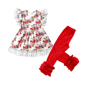 Ensemble robe et tenue pour fillettes en soie de lait, haut tunique imprimé à manches volantées en dentelle, leggings à volants, robe tourbillon, vêtements pour enfants - Product Image 1