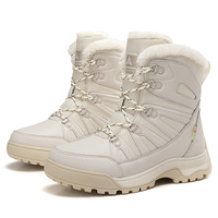 Bottes de neige mi-mollet pour femmes, dessus en cuir avec empiècements, col en fourrure pelucheuse, couleur noir beige, semelle antidérapante à crampons, bottes de randonnée