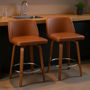 Tabourets de bar Toriano Mid Century Modern, hauteur fixe de 26 pouces, bois de noyer, repose-pieds chromé, simili cuir camel - Product Image 2