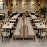 Ensemble de meubles de restaurant moderne et simple en bois, marbre et rotin, avec banquette rembourrée, table et chaises, pour hôtel, café et usage commercial