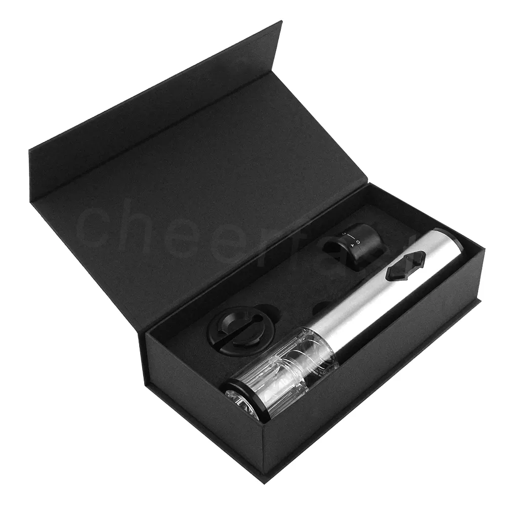 Belle boîte-cadeau magnétique noire et bouchon réutilisable. L'ouvre-bouteille électrique permet de retirer facilement le bouchon du vin. Coffret cadeau