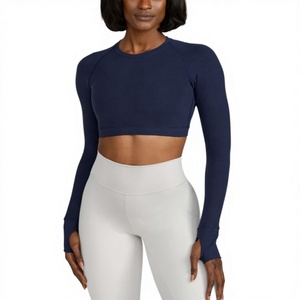 Camisetas de Mujer con Logotipo Personalizado, Manga Larga, Cuello Redondo, Dobladillo con Volantes, Ropa Deportiva, Ajustada, Transpirable, para Yoga, Fitness y Entrenamiento - Product Image 1