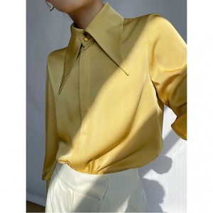 Women's <b>Satin</b> Shirt Wide Collar Long Sleeve Gem Button Detail Formal Office <b>Blouse</b> Fashion - Product Image 2