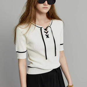 Suéter de verano para mujer con logotipo personalizado, y ODM OEM, manga corta, cuello redondo, informal, tejido, cuello redondo, fino, suelto, nuevo estilo - Product Image 2