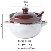 Bol à soupe en céramique à double anse, résistant aux chocs thermiques, avec couvercle et cuillère, compatible micro-ondes, pot à assaisonnement de cuisine