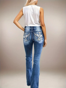 Women's Summer Casual Medium Wash Double <strong>Button</strong> High Waist Wing <strong>Cross</strong> Embroidery Back Pocket Flare Leg Stretch Denim <strong>Jeans</strong> - Product Image 1