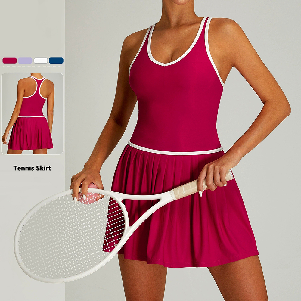 Wholesale Women's V Neck Color Blocking Gym Fitness Sports Dress Sleeveless Pleated Golf Tennis Dress with Pocket Yoga Shorts
