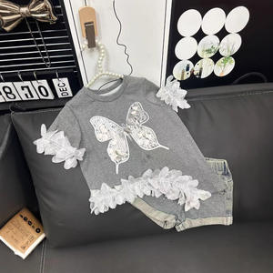 2025 New Arrival Korean Children Clothing Butterfly <strong>Sequined</strong> T Shirt Denim <strong>Shorts</strong> Two Piece Sets <strong>Kids</strong> Girls Summer Clothes - Product Image 4