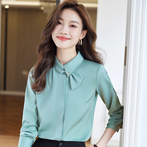 Women's Mint Green Stand-Up Collar Shirt Solid Color Long Sleeve Work Blouse Polyester Poplin Fabric Office Wear - Product Image 1