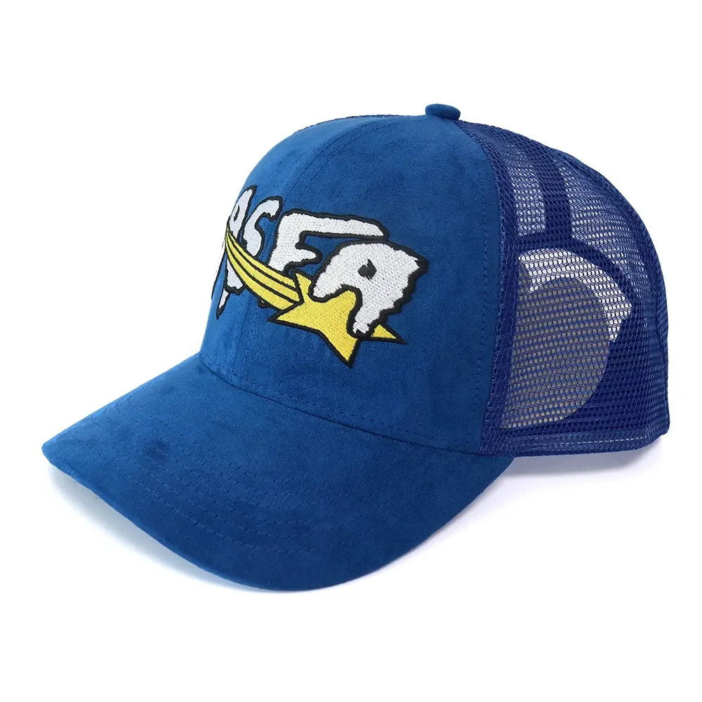Chapéus de camurça para caminhoneiro, design personalizado com 6 painéis chapéus azuis para esporte
