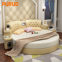 Nouveau design de meuble multifonctionnel intelligent Lit rond en cuir King size Lit rond en cuir moderne