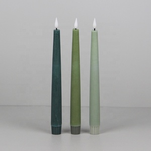 Wedding Decor <strong>Set</strong> of 3 Distressed Wax Green LED <strong>Candle</strong> <strong>Set</strong> Conical Flameless Taper <strong>Candle</strong> with 3D Real Flame - Product Image 2