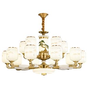 Chinese Style Copper Chandelier Led Multi Head Round For Living Room Villa Main Hall <b>Light</b> With Jade Theme Design - Product Image 2