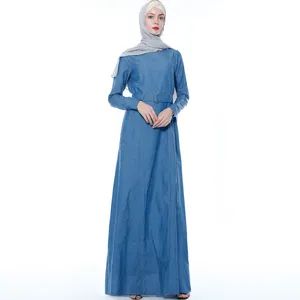 European and American denim robe Muslim women's lace-up slim long-sleeved dress abaya dress 9716