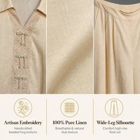 Ensembles assortis personnalisés pour femmes, style vintage, en pur lin, haut à manches courtes avec boutons chinois et bordure en dentelle, et pantalon palazzo