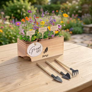 Large Eco-friendly Indoor <b>Gardening</b> <b>Kit</b> Wildflower Mix Bamboo Burlap Planters Wooden Box Country Farmhouse Design Flowers - Product Image 4