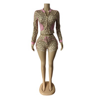 Ensemble 2 pièces imprimé léopard pour femme, haut à manches longues et short moulant, taille élastique, grande taille, tenue décontractée streetwear pour club