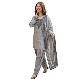 Traje Salwar Tradicional Gris para Mujer, Largo hasta el Tobillo, con Dupatta Bordada, Corte Regular, Estilo India-Pakistán, Algodón, Ropa Casual - Product Image 1