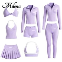 Ensemble de yoga pour femmes Milena, blanc avec bordure contrastée, logo personnalisé, nylon et élasthanne, vêtements de sport, tenue de sport, tenue de fitness, vêtements de sport ajustés
