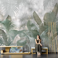 Peinture Murale Nature Effet 3D, Décoration Murale Fond d'Écran Feuilles Vertes Tropicales Feuilles de Bananier pour Chambre à Coucher