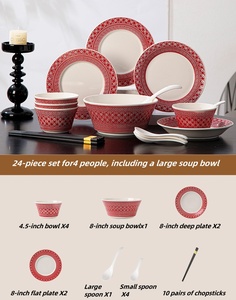 Ensemble de vaisselle en céramique à rayures rouges <span class=keywords><strong>Poterie</strong></span> rustique de style marocain et chinois traditionnel pour la cuisine, l'école, le café et le lave-vaisselle - Product Image 5