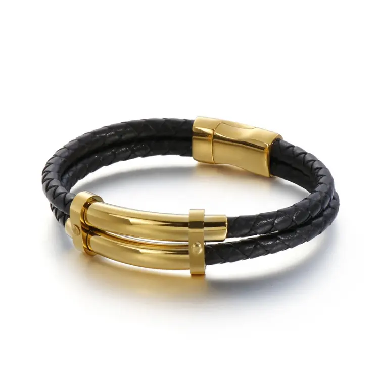 Mens Double-Row Black Braided Leather Bracelet Bangle Wristband with Stainless Steel Ornaments custom supported