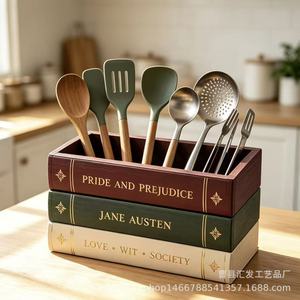 Wooden Book Shaped Storage <b>Box</b> Rectangle Desktop Organizer For Tableware And <b>Makeup</b> Brushes No Lid Standing Type - Product Image 3