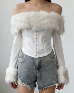 Znoe <span class=keywords><strong>Mao</strong></span> T-shirt à manches longues pour femme, <span class=keywords><strong>col</strong></span> mandarin, empiècements en maille aux épaules, coupe ajustée, style court et mignon, avec ceinture style 'Spice' - Product Image 2