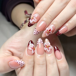 Uñas postizas con diseño de lunares en contraste rojo y blanco para otoño, puntas de uñas postizas con flores en 3D para manicura de moda, bricolaje y festivales. - Product Image 1