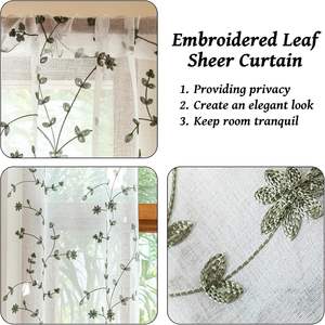Rideaux en voile semi-transparent de style ferme élégant <span class=keywords><strong>vert</strong></span> <span class=keywords><strong>sauge</strong></span> blanc brodé de feuilles pour fenêtres de salon et de chambre à coucher - Product Image 4
