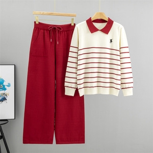 Women's Elegant Loose Wide-Leg <b>Pants</b> Two-Piece Sweater Set Autumn Winter New Fashion Striped Knit Suit Turn-<b>Down</b> Collar Foreign - Product Image 4