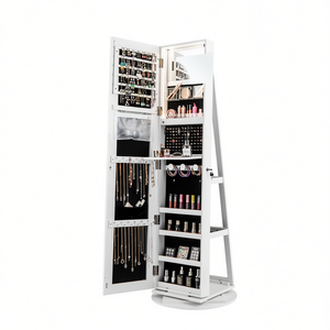 Armoire à bijoux rotative DB 360 avec miroir et éclairage LED, organisateur verrouillable en plastique blanc 20-35L - Product Image 1