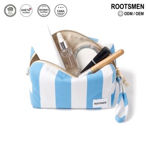 Bolsa de Cosméticos de Lona a Rayas Azul Cielo y Blanco, Bolsa de Maquillaje Cuadrada con Correa para la Muñeca, Cierre Dorado con Cordón, Logotipo Personalizado OEM - Product Image 1