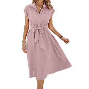 เดรสมิดิลำลองสำหรับผู้หญิงเดรสเสื้อเชิ้ตแขนสั้นคอเสื้อเปิดลงสีพื้นมีกระเป๋าสำหรับฤดูใบไม้ผลิฤดูร้อน - Product Image 5