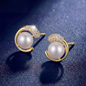 Boucles d'oreilles clous en cuivre plaqué or 18 carats avec spirale, pavé de zircons cubiques et perle rose pour femme, bijoux modernes et chics, cadeau idéal - Product Image 6
