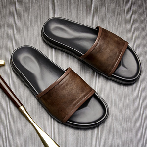 Black PU Slides Open Toe EVA Outsole Anti-Slippery Indoor <b>Slippers</b> All Seasons Casual Wear men's Slides <b>Slippers</b> - Product Image 3