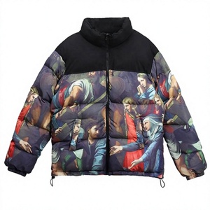Veste matelassée noire pour homme, col montant, fermeture éclair, coupe-vent, manteau d'hiver, style streetwear avec impression photo - Product Image 1